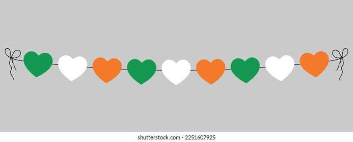 St Patrick Day, flag of Ireland heart garland, string of green, white and orange hearts, decoration, vector illustration