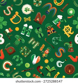 St Patrick Tag Schriftart Buchstaben, Irish Feiertag Schriftart nahtloses Muster. Karikatur, Vektorkachelhintergrund mit Kobold, traditionellem Shamrock, Regenbogen, Bierkrug, Goldmünze und festlichen Feiertagssymbolen