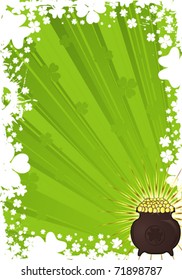 St. Patrick Day frame with a cauldron of gold coins, vector illustration