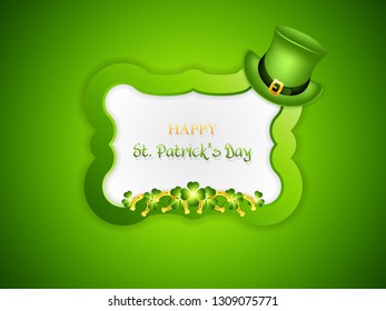St. Patrick Day frame with Leprechaun`s hat and golden horseshoes.Greeting card vector illustration