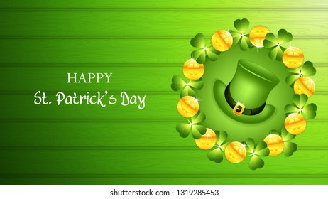 St. Patrick Day frame with Leprechaun`s hat and golden coins.Greeting card vector illustration