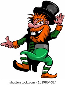 St. Patrick Day funny cartoon character. Dancing leprechaun with cylinder hat and green clothes, isolated on white background. Vector cartoon character.