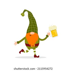 St. Patrick day gnome. Cute leprechaun with beer. Vector illustration in flat cartoon style. Hand drawn element for irish holiday.