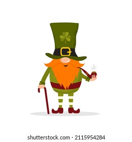 St. Patrick day gnome. Cute leprechaun with walking stick and smoking pipe. Vector illustration in flat cartoon style. Hand drawn element for irish holiday.