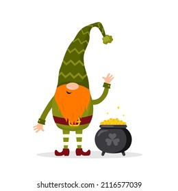 St. Patrick day gnome. Cute leprechaun with pot of gold. Vector illustration in flat cartoon style. Hand drawn element for irish holiday.