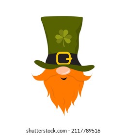 St. Patrick day gnome. Cute leprechaun in green hat. Vector illustration in flat cartoon style. Hand drawn element for irish holiday.