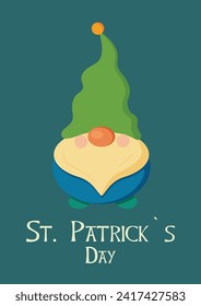 St Patrick Day Gnome. Green backgroud, Shamrock. Vector Illustration