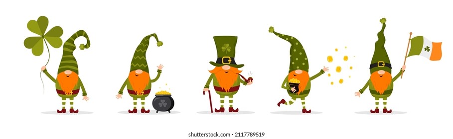 St. Patrick day gnomes. Cute leprechauns with festive elements. Vector illustration in flat cartoon style. Hand drawn dwarves for irish holiday.