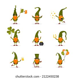 St. Patrick day gnomes. Cute leprechauns with festive elements. Vector illustration in flat cartoon style. Hand drawn dwarves for irish holiday.