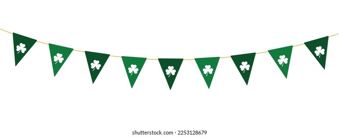 St Patrick Day green bunting pennants with clover symbol, flags garland, Irish holiday, panoramic decorative vector element for greeting card, poster, banner