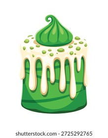 Pastel verde del día de San Patricio o galleta irlandesa para el postre dulce de vacaciones, Vector de dibujos animados. Pastel verde feliz del día de San Patricio con glaseado de caramelo y espolvorear para la panadería de vacaciones de Irlanda y postre de pastelería
