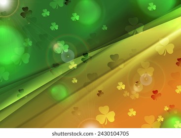 St Patrick Day green orange abstract background with shamrock leaves and glowing lights. Vector design