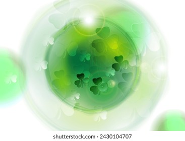 Día de San Patricio fondo abstracto blanco verde con hojas de trébol, círculo y luces brillantes. Diseño vectorial