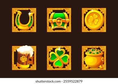 St Patrick day green-golden icons for your game, slot, greeting card, sticker or print. Six icons- clover, cauldron of golden coins, mug of beer, green chest,coin and horseshoe