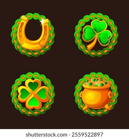 St Patrick day green-golden icons for your game, slot, greeting card, sticker or print. Four icons- clover, shamrock, cauldron of golden coins and horseshoe