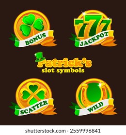 St Patrick day green-golden icons for your game or slots. Slot symbols- clover, shamrock, horseshoe and luck number 777. Jackpot,wild, scatter and bonus symbols