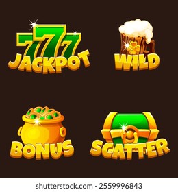 St Patrick day green-golden icons for your game or slots. Slot symbols- clover, cauldron of golden coins, mug of beer, green chest,coin and luck number 777. Jackpot,wild, scatter and bonus symbols.