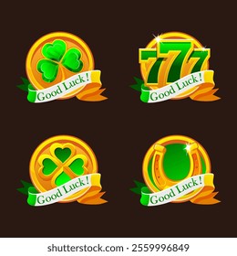 St Patrick day green-golden icons for your game, slot, greeting card, sticker or print. Four icons- clover, shamrock, luck number 777 and horseshoe with ribbon Good Luck