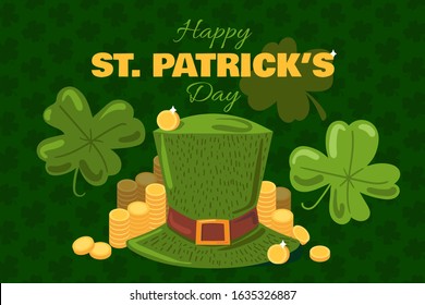 St. Patrick Day Greeting Banner with irish leprechaun hat, clover symbols, gold coin and text. Vector