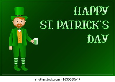 ST PATRICK DAY greeting card. Man in leprechaun suit drinking green beer. Vector. 