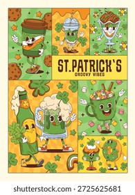 Cartaz de colagem dos personagens do dia de St Patrick para o feriado irlandês, vetor de desenhos animados. Cerveja Groovy cerveja ale verde com cara engraçada, café com biscoitos de chocolate e trevos de trevo para cartaz de São Patrício