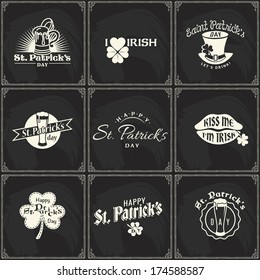 st patrick day happy logo chalk stamp vector beer set of retro styled chalk lettering labels saint patrick's day on a blackboard good as a template of greeting card or advertisement st patrick day hap