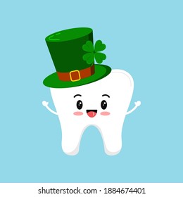 St Patrick day happy tooth in green leprechaun hat. Cute dental tooth irish character with gnome cylinder hat. Flat design cartoon style dentist celebration vector illustration.