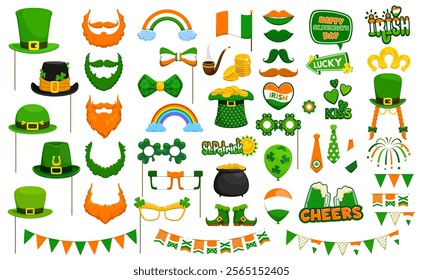 St Patrick day holiday party photo booth, Irish green photobooth stickers. Vector props include hat, beard, flag, clover and shamrock. Mustache, bow tie, glasses, balloon, beer, boots, arrow and heart