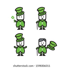 St. Patrick Day icon mascot illustration Leprechaun`s hat and clover design elements with shamrock leaf on green. Vector illustration