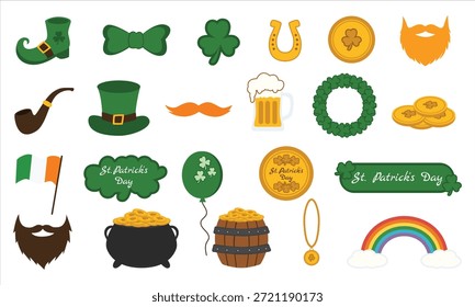 St Patrick Day Icon Set mit Shamrock Leprechaun Hut Goldmünzen Bier Regenbogen und irische Symbole einzeln auf weißem Hintergrund