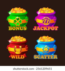 St Patrick day icons- cauldrons with lucky coins for your game or slot. Four magic pots with clover, 777, star and horseshoe. Jackpot,wild, scatter and bonus symbols.