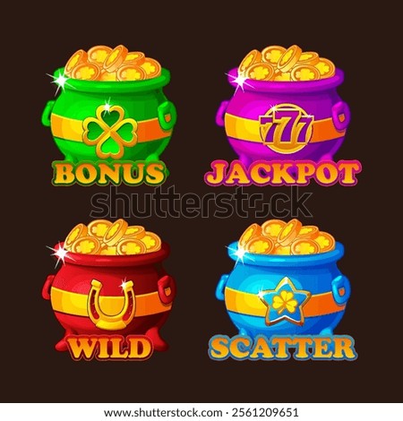 St Patrick day icons- cauldrons with lucky coins for your game or slot. Four magic pots with clover, 777, star and horseshoe. Jackpot,wild, scatter and bonus symbols.