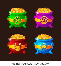 St Patrick day icons- colored cauldrons with lucky coins for your game, slot, greeting card, sticker or print. Four magic pots with clover, 777, star and horseshoe