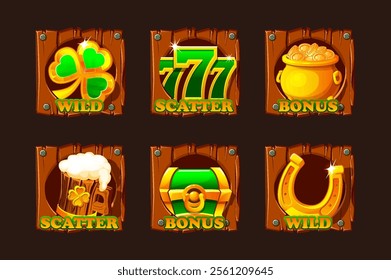 St Patrick day icons on wooden board for your game or slots. Slot symbols- Six icons- clover, 777,cauldron of golden coins, mug of beer, green chest and horseshoe. Wild, scatter and bonus symbols