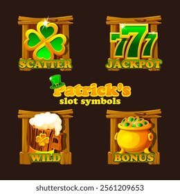 St Patrick day icons on wooden board for your game or slots. Four icons- clover, 777,cauldron of golden coins and mug of beer. Wild, scatter and bonus slot symbols