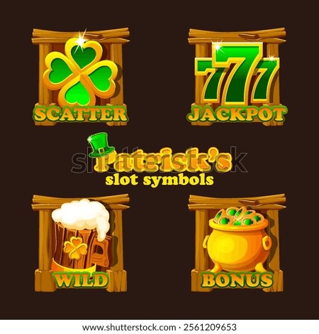 St Patrick day icons on wooden board for your game or slots. Four icons- clover, 777,cauldron of golden coins and mug of beer. Wild, scatter and bonus slot symbols