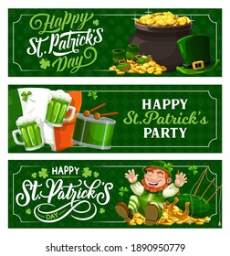 St. Patrick Day Irish festival holiday vector banners. Cartoon leprechaun in green top hat on gold coins with horseshoe, flag, shamrock clover and bagpipes. Ireland Saint Patricks day festival party