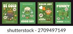 St Patrick Day irish holiday groovy characters green posters set. Retro hippie St Patrick Day vector personages, leprechaun with lucky clover, green beer, gold pot and bowtie groovy characters posters