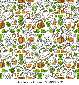 St patrick day irish seamless pattern. Holiday symbols - irish hat, green beer, horseshoe, pot with golden coins,flags on white background.Hand draw doodle style vector illustration