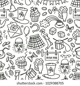 St patrick day irish seamless pattern. Holiday symbols - irish hat, green beer, horseshoe, pot with golden coins,flags on white background.Hand draw doodle style vector illustration