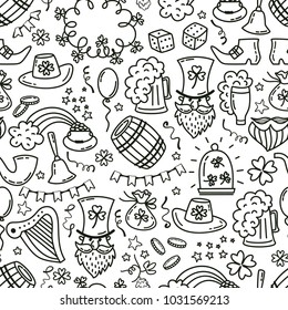 St patrick day irish seamless pattern. Holiday symbols - irish hat, green beer, horseshoe, pot with golden coins,flags on white background.Hand draw doodle style vector illustration