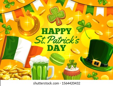 St Patrick Day, Irish traditional holiday green ale beer pint, leprechaun hat and gold coins. Happy Saint Patrick day greetings, Ireland flag with shamrock clover, golden horseshoe and cupcake