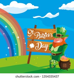 st patrick day with leprechaun and cauldron in landscape