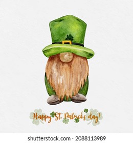 St Patrick day leprechaun with four leaves clovers, Greeting card a gnomes with shamrock a luck symbols.Vector Watercolour green Scandinavian Dwarfs collection in Celtic, Irish style