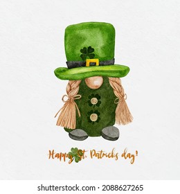 St Patrick day leprechaun with four leaves clovers, Greeting card a gnomes with shamrock a luck symbols.Vector Watercolour green Scandinavian Dwarfs collection in Celtic, Irish style