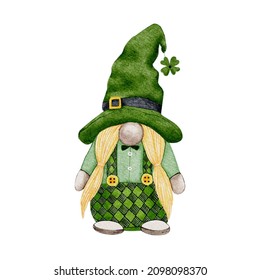 St Patrick day leprechaun with four leaves clovers, Greeting card a gnomes with shamrock a luck symbols.Vector Watercolour green Scandinavian Dwarfs collection in Celtic, Irish style