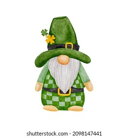 St Patrick day leprechaun with four leaves clovers, Greeting card a gnomes with shamrock a luck symbols.Vector Watercolour green Scandinavian Dwarfs collection in Celtic, Irish style