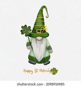 El día de San Patricio leprechaun con cuatro hojas trincheras, la tarjeta de saludo un gnomo con shamrock y símbolos de suerte.Vector Watercolor verde Escandinavia Colección de enanos celtas, de estilo irlandés