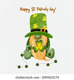 St Patrick Day Leprechaun mit vier Laubblüten, Grußkarte eine Zwergzwerge mit Shamrock ein Glück Symbole.Vectorwasserfarbgrüne skandinavische Zwerge-Kollektion im keltischen, irischen Stil