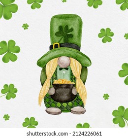 St Patrick Day leprechaun with four leaves clovers, Greeting card a Irish gnomes with pot golden coins ,shamrock a luck symbols.Vector Watercolour green Scandinavian gnomes collection in Celtic